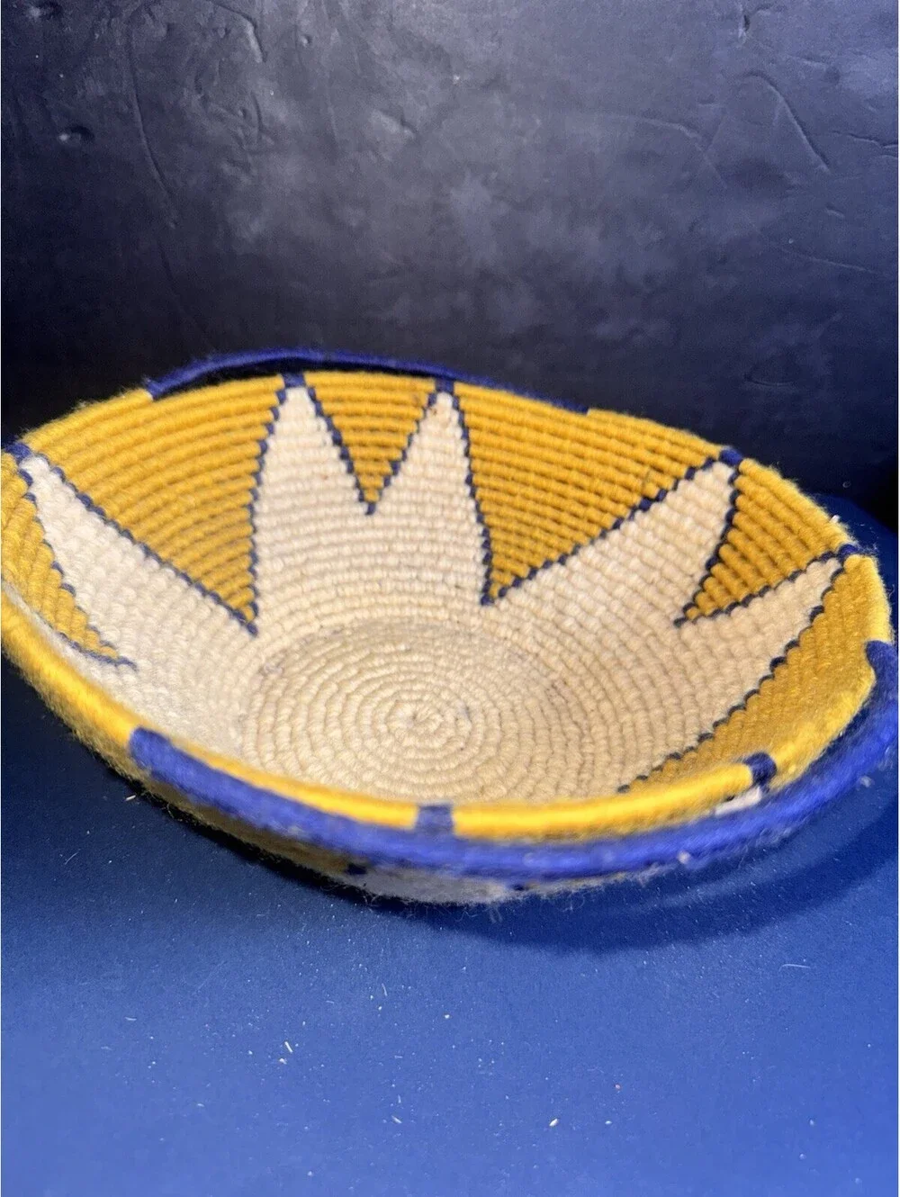 Handwoven African Wool Basket Blue Yellow White Starburst Design 9” Coiled Bowl